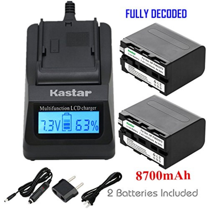 Kastar 2 Pack Battery and LCD Dual Fast Charger for Sony NP-F980 Pro NP-F970 HDR-AX2000 HDR-FX1 HDR-FX1000 HDR-FX1000E HDR-FX7 HDR-FX7E HVL-20DW HVL-20DW2 HVL-LBPA HVL-ML20 