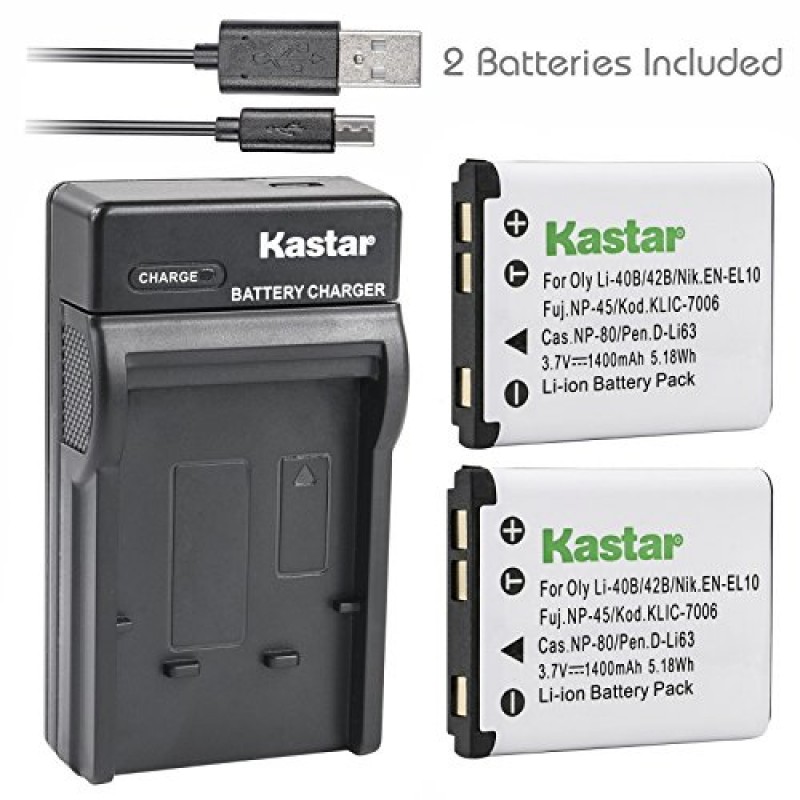 Kastar Battery (X2) & Slim USB Rapid Charger for Olympus LI-42B LI-40B, Fujifilm NP-45, Nikon EN-EL10, Kodak KLIC-7006 K7006, Casio NP-80 CNP80, Pentax D-Li63, D-Li108, Ricoh DS-6365 - - Olympus -