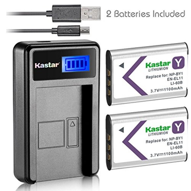 Kastar Battery X2 & LCD Slim Charger for NP-BY1 EN-EL11 LI-60B DLI-78 DB-L70 DB-80 and Sony Action Cam Mini HDR-AZ1 Nikon Coolpix S550 S560 Olympus FE-370 Optio L50 M50 M60 S1 V20 W60 W80 