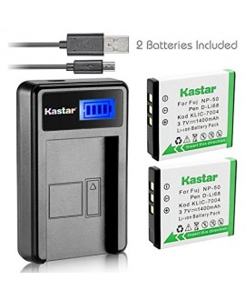 Kastar Battery (X2) & LCD Slim USB Charger for Kodak KLIC-7004 K7004 NP-50 D-Li68 and EasyShare M2008 V1273 V1233 V1253 Zi8 Zi12 PlayFull Dual PlaySport PlayTouch Pentax Q7 Q10 Q-S1 Ricoh WG-M2 Camera