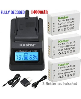 Kastar Ultra Fast Charger(3X faster) Kit and Battery (3-Pack) for Nikon EN-EL22, MH-29 work with Nikon 1 J4, Nikon 1 S2 Cameras [Over 3x faster than a normal charger with portable USB charge function]