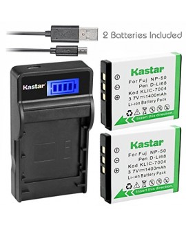 Kastar Battery (X2) & SLIM LCD Charger for Kodak KLIC-7004 K7004 NP-50 D-Li68 and EasyShare M2008 V1273 V1233 V1253 Zi8 Zi12 PlayFull Dual PlaySport PlayTouch Pentax Q7 Q10 Q-S1 Ricoh WG-M2 Camera