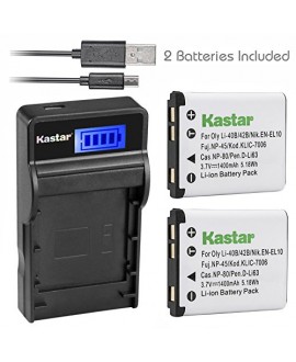 Kastar Battery (X2) & SLIM LCD Charger for Fujifilm NP-45, Nikon EN-EL10, Olympus LI-42B LI-40B, Kodak KLIC-7006 K7006, Casio NP-80 CNP80, Pentax D-Li63, D-Li108, Ricoh DS-6365 Battery.