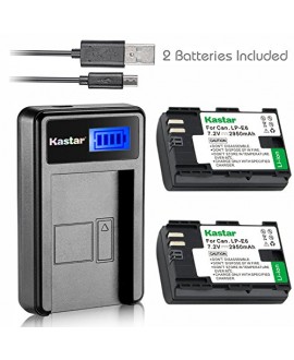 Kastar Battery (X2) & LCD Slim USB Charger for Canon LP-E6, EOS 5DS, 5DS R, 5D Mark II, 5D Mark III, 6D, 7D, 7D Mark II, 60D, 60Da, 70D, 80D, XC10, BG-E16, BG-E14, BG-E13, BG-E11, BG-E9, BG-E7, BG-E6