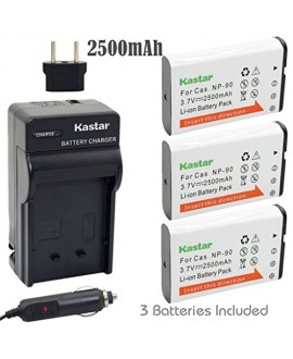 Kastar Battery (3-Pack) and Charger Kit for Casio NP-90 work with Casio Exilim EX-H10 EX-H15 EX-H20G EX-H20GBK EX-H20GSR EX-FH100 EX-FH100BK Cameras