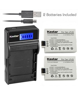 Kastar Battery (X2) & SLIM LCD Charger for Canon LP-E5 LPE5 and Canon EOS Rebel XS, Rebel T1i, Rebel XSi, 1000D, 500D, 450D, Kiss X3, Kiss X2, Kiss F digital camera, BG-E5 grip