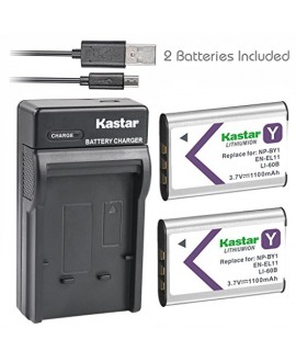 Kastar Battery (X2) & Ultra Slim Charger for NP-BY1 EN-EL11 LI-60B DLI-78 DB-L70 DB-80 and Sony Action Cam Mini HDR-AZ1 Nikon Coolpix S550 S560 Olympus FE-370 Pentax Optio L50 M50 M60 S1 V20 W60 W80