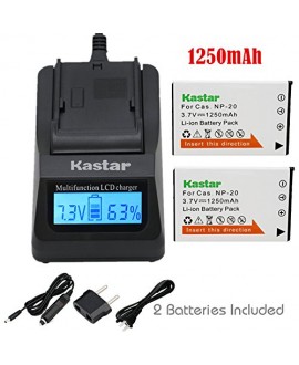 Kastar Ultra Fast Charger(3X faster) Kit and Battery (2-Pack) for Casio NP20, NP-20DBA and BC-11L work with Casio Exilim EX-M1, EX-M2, EX-M20, EX-S1, EX-S2, EX-S3, EX-S20, EX-S100, EX-S500, EX-S600, EX-S770, EX-S880, EX-Z3, EX-Z4, EX-Z5, EX-Z6, EX-Z7, EX-