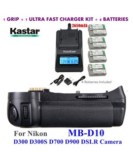 Kastar Pro Multi-Power Vertical Battery Grip (Replacement for MB-D10) + 4x EN-EL3e Replacement Batteries + Ultra Fast Charger Kit for Nikon D300 D300S D700 D900 Digital SLR Camera