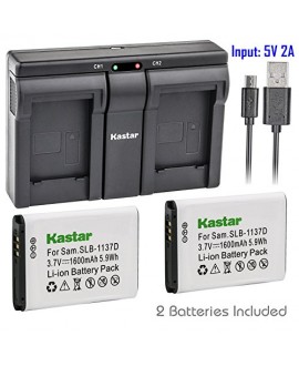 Kastar 2x Battery + USB Dual Charger for Samsung SLB-1137D Samsung i80 Samsung i85 Samsung i100 Samsung L74 Samsung Wide NV11 Wide NV24HD Wide NV30 Wide NV40 Wide NV100HD Wide NV103 Wide NV106 HD