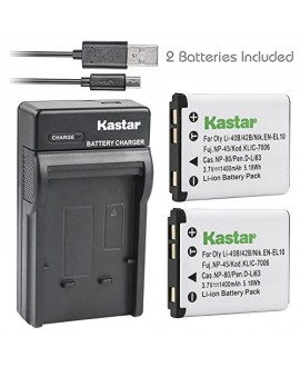 Kastar Battery (X2) & Slim USB Rapid Charger for Fujifilm NP-45, Nikon EN-EL10, Olympus LI-42B LI-40B, Kodak KLIC-7006 K7006, Casio NP-80 CNP80, Pentax D-Li63, D-Li108, Ricoh DS-6365 Battery.