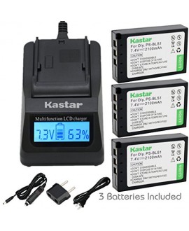 Kastar Ultra Fast Charger(3X faster) Kit and Battery (3-Pack) for Olympus BLS-1, PS-BLS1 work for Olympus E-400 E-410 E-420 E-450 E-600 E-620 E-P1 E-P2 E-P3 E-PL1 E-PL3 E-PM1 Cameras [Over 3x faster than a normal charger with portable USB charge function]