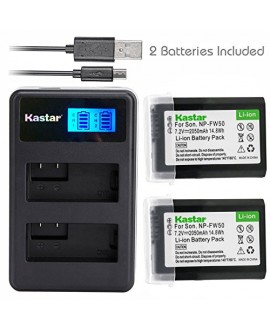 Kastar 2X Battery + Dual LCD Charger for NP-FW50 & Sony Alpha 6300 Alpha 6500 ILCE-QX1 Alpha 7 7R 7R II 7S a7R a7S a7R II a5000 a5100 a6000 a6300 NEX-7 DSC-RX10 DSC-RX10 II III 7SM2 ILCE-7R 7S