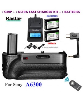 Kastar Infrared Remote Control Pro Vertical Battery Grip (Built-In 2.4G Wireless Control) + 2 x NP-FW50 Replacement Batteries + Ultra Fast Charger Kit for Sony ILCE-A6300 / A6300 Digital SLR Camera