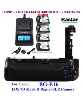 Kastar Pro Multi-Power Vertical Battery Grip (Replacement for BG-E16) + 4x LP-E6 Replacement Batteries + Ultra Fast Charger Kit for Canon EOS 7D Mark II (Not for EOS 7D) Digital SLR Camera
