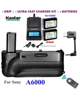 Kastar Infrared Remote Control Pro Vertical Battery Grip (Built-In 2.4G Wireless Contro) + 2 x NP-FW50 Replacement Batteries + Ultra Fast Charger Kit for Sony ILCE-A6000 / A6000 Digital SLR Camera