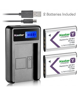 Kastar Battery (X2) & LCD Slim Charger for NP-BY1 EN-EL11 LI-60B DLI-78 DB-L70 DB-80 and Sony Action Cam Mini HDR-AZ1 Nikon Coolpix S550 S560 Olympus FE-370 Pentax Optio L50 M50 M60 S1 V20 W60 W80