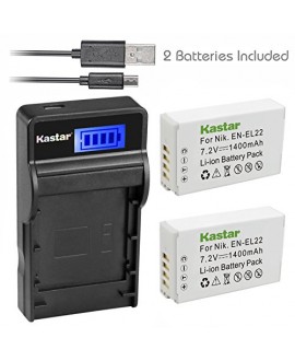 Kastar Battery (X2) & SLIM LCD Charger for Nikon EN-EL22, ENEL22, MH-29 work with Nikon 1 J4, Nikon 1 S2 Cameras