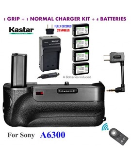 Kastar Infrared Remote Control Pro Vertical Battery Grip (Built-In 2.4G Wireless Contro) + 4 x NP-FW50 Replacement Batteries + Charger Kit for Sony ILCE-A6300 / A6300 Digital SLR Camera