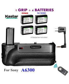 Kastar Infrared Remote Control Professional Vertical Battery Grip (Built-In 2.4G Wireless Contro) + 4 x NP-FW50 Replacement Batteries for Sony ILCE-A6300 / A6300 Digital SLR Camera