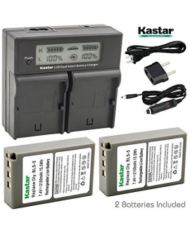 Kastar LCD Dual Fast Charger & 2 x Battery for Olympus BLS-5 PS-BLS5 Olympus OM-D E-400 E-410 E-420 E-450 E-600 E-620 E-P1 E-P2 E-P3 E-PL1 E-PL2 E-PLE15 E-PM1 E-PM2 E-M10 E-PL6 E-PL5 stylus 1 Camera