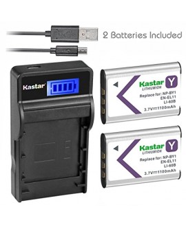 Kastar Battery (X2) & SLIM LCD Charger for NP-BY1 EN-EL11 LI-60B DLI-78 DB-L70 DB-80 and Sony Action Cam Mini HDR-AZ1 Nikon Coolpix S550 S560 Olympus FE-370 Pentax Optio L50 M50 M60 S1 V20 W60 W80