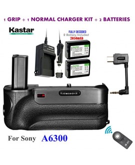 Kastar Infrared Remote Control Pro Vertical Battery Grip (Built-In 2.4G Wireless Contro) + 2 x NP-FW50 Replacement Batteries + Charger Kit for Sony ILCE-A6300 / A6300 Digital SLR Camera