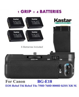 Kastar Pro Vertical Battery Grip (Replacement for BG-E18) + 4x LP-E17 Replacement Batteries for Canon EOS Rebel T6i, Rebel T6s, EOS 750D, EOS 760D, EOS 8000D, KISS X8i,M3 Digital SLR Cameras
