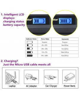 Kastar SLIM LCD Charger for Nikon EN-EL20, ENEL20, EN-EL20a and Nikon Coolpix A, Nikon 1 AW1, 1 J1, 1 J2, 1 J3, 1 S1, 1 V3, and Blackmagic Pocket Cinema Cameras