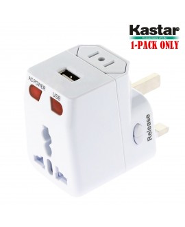 Kastar Safety Universal World-Wide Travel Adapter, with 1.0A USB Charging Port, All-in-one AC Power Plug For USA EU AUS UK (White Color)