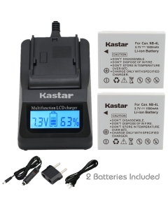 Kastar Ultra Fast Charger(3X Faster) Kit and Battery (2-Pack) for Canon NB-4L, CB-2LV and Canon PowerShot SD1000 SD1100IS SD1400IS SD200 SD30 SD300 SD400 SD430 SD600