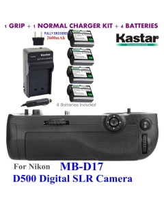 Kastar Pro Multi-Power Vertical Battery Grip (Replacement for MB-D17) + 4 Pack EN-EL15 Replacement Batteries + Charger Kit for Nikon D500 Digital SLR Camera