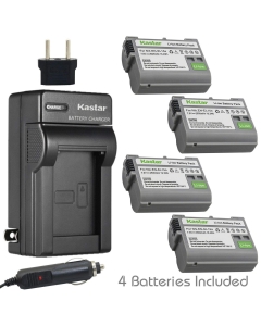 Kastar 4 Pack Battery and AC Charger with Car Adapter Compatible with Nikon EN-EL15 Nikon EN-EL15a Nikon EN-EL15e, Nikon MH-25 Nikon MH-25A, Nikon D800 Nikon D800E Nikon D810 Nikon D810A Nikon D850