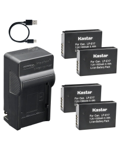 Kastar 4-Pack Battery and AC & USB-C Charger, Compatible with Canon LP-E17, EOS Rebel T6i, T7i, T8i, SL2, SL3, EOS M3, M5, M6, M6 Mark II, 77D, 200D, 250D, 800D, RP, R8, R10, R50, R50 V, R100 Camera