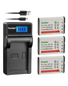 Kastar 3 Pack Battery and LCD USB Charger Compatible with Casio NP-90 NP-90DBA Battery, BC-90L Charger, Casio Exilim EX-FH100 EX-FH100BK Exilim EX-H10 EX-H15 Exilim EX-H20 EX-H20G EX-H20GBK EX-H20GSR