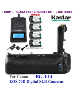 Kastar Pro Multi-Power Vertical Battery Grip (Replacement for BG-E14) + 4X LP-E6 Replacement Batteries + Ultra Fast Charger Kit for EOS 70D Digital SLR Cameras