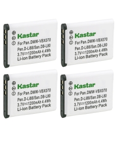 Kastar 4-Pack Battery DB-L80 Replacement for Sanyo Xacti ICR-XRS120MF, VPC-CA100, VPC-CA100EXBK, VPC-CA100EXP, VPC-CA100EXYL, VPC-CA102, VPC-CA102YL, VPC-CG10, VPC-CG10BK, VPC-CG10EXBK-B Camera