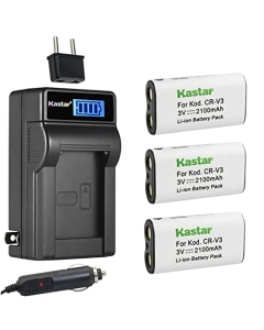 Kastar 3-Pack CR-V3 Battery and LCD AC Charger Compatible with Kodak DX4530, DX4900, DX6340, DX6440, DX6445, CD33, Z650 Zoom, Z663 Zoom, Z700, Z710, Z740, Z885, Z1275 Camera