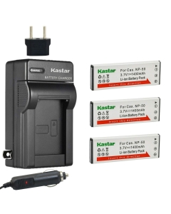 Kastar 3-Pack Battery and AC Charger with Car Adapter Compatible with Casio NP-50 CNP-50 NP-50DBA Battery, Exilim Hi-Zoom EX-V7, Exilim Hi-Zoom EX-V7SR, Exilim Hi-Zoom EX-V8, Exilim Hi-Zoom EX-V8SR