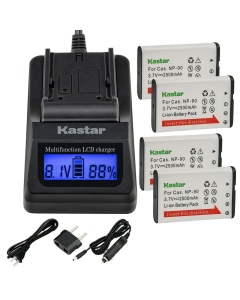 Kastar 4-Pack Battery + LCD Fast Charger Compatible with Casio NP-90 NP-90DBA Battery, BC-90L Charger, Casio Exilim EX-FH100 EX-FH100BK, Exilim EX-H10 EX-H15, Exilim EX-H20 EX-H20G EX-H20GBK EX-H20GSR