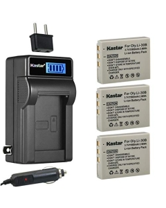 Kastar 3-Pack Li-30B Battery and LCD AC Charger Compatible with Olympus Li-30B Battery, Olympus Li-30C Charger, Olympus Stylus Verve Digital, Stylus Verve Digital S, µ-Mini Digital, µ-Mini Digital S