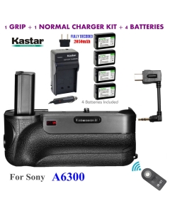 Kastar Infrared Remote Control Pro Vertical Battery Grip (Built-in 2.4G Wireless Contro) + 4 x NP-FW50 Replacement Batteries + Charger Kit for Sony ILCE-A6300 / A6300 Digital SLR Camera