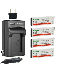 Kastar 4-Pack Battery and AC Charger with Car Adapter Compatible with Casio NP-50 CNP-50 NP-50DBA Battery, Exilim Hi-Zoom EX-V7, Exilim Hi-Zoom EX-V7SR, Exilim Hi-Zoom EX-V8, Exilim Hi-Zoom EX-V8SR