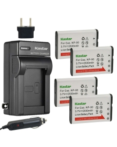 Kastar 4-Pack Battery and AC Charger with Car Adapter Compatible with Casio NP-90 NP-90DBA CNP-90 BC-90L, Casio Exilim EX-FH100 EX-FH100BK, EX-H10, EX-H15, Exilim EX-H20 EX-H20G EX-H20GBK EX-H20GSR