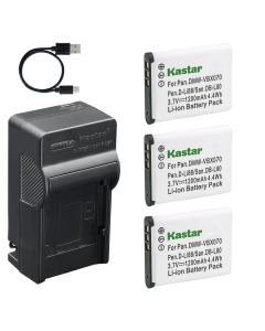 Kastar 3-Pack Battery and AC & USB-C Charger Compatible with VBX070 DB-L80 D-LI88 PX1686 Camera for Panasonic HX-DC1 DC2 DC3 HX-WA10 Sanyo CG10 CG100 VPC Series Toshiba Camileo SX500 SX900
