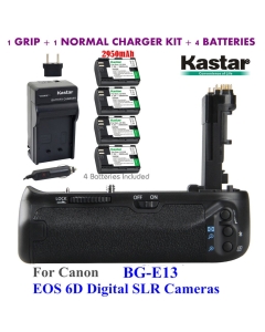 Kastar Pro Multi-Power Vertical Battery Grip (Replacement for BG-E13) + 4X LP-E6 Replacement Batteries + Charger Kit for EOS 6D Digital SLR Cameras