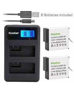 Kastar Battery 2 Packs & LCD Dual Slim Charger for GoPro HERO5, Hero 5 Black, Gopro5 and GoPro AHDBT-501, AHDBT501, AHBBP-501 Sport Camera (Compatible with Firmware v01.57, v01.55 and Future Update)