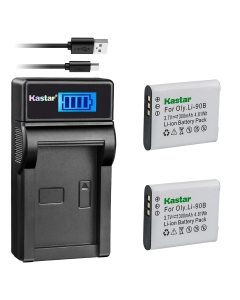 Kastar Battery (X2) & Slim LCD Charger for Olympus Li-90B Li-92B and Tough TG-Tracker, SH-1, SH-2, SP-100, SP-100 IHS, SP-100EE, TG-1 iHS, TG-2 iHS, TG-3, TG-4, SH-50 iHS, SH-60, XZ-2 iHS Camera