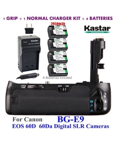 Kastar Pro Multi-Power Vertical Battery Grip (Replacement for BG-E9) + 4X LP-E6 Replacement Batteries + Charger Kit for EOS 60D 60Da Digital SLR Cameras