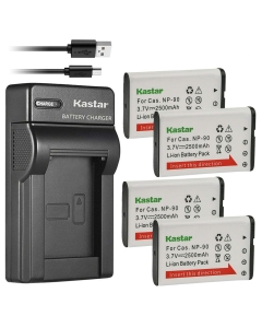 Kastar 4-Pack Battery and Slim USB Charger Compatible with Casio NP-90 NP-90DBA Battery, BC-90L Charger, Casio Exilim EX-FH100 EX-FH100BK, EX-H10, EX-H15, Exilim EX-H20 EX-H20G EX-H20GBK EX-H20GSR